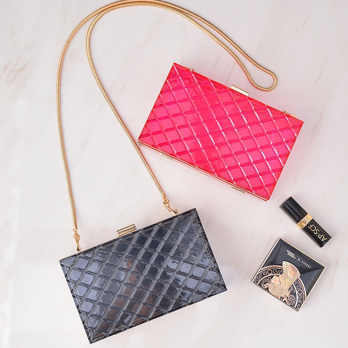 CLEAR ACRYLIC BOX CLUTCH WITH CHAIN > Boutique Handbags > Mezon Handbags